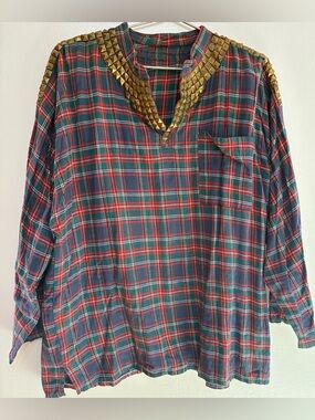 Plaid Stud-Trim Tunic Top in Red & Navy